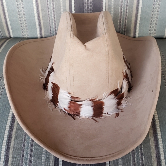 Vintage Bee Custom Cowboy Hat Tan Suede Feather M - Picture 7 of 11